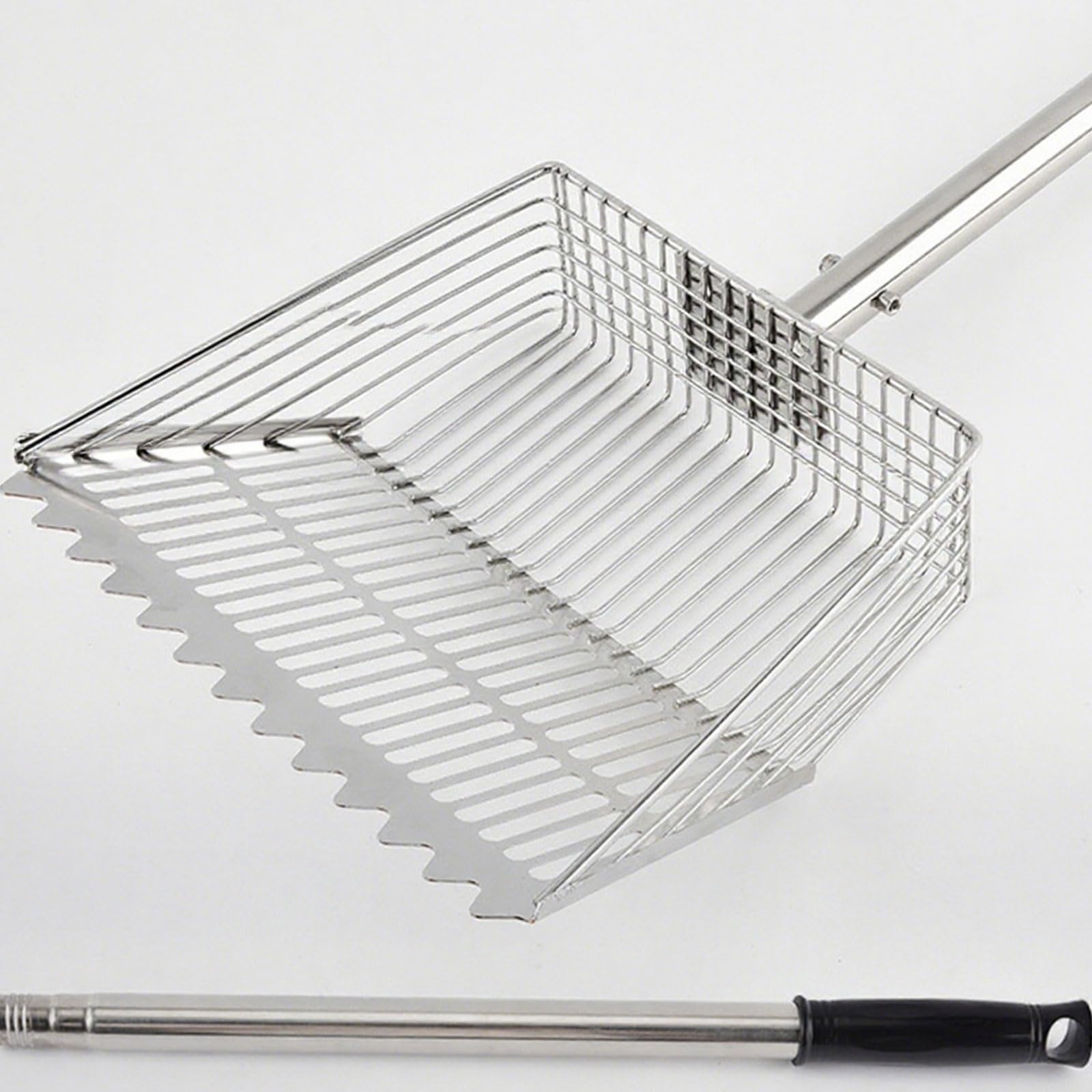 Pala para gallineros con mango largo de 4 secciones de acero inoxidable para aves de corral, gatos, limpieza de arena, pala esencial para tamizar pollos