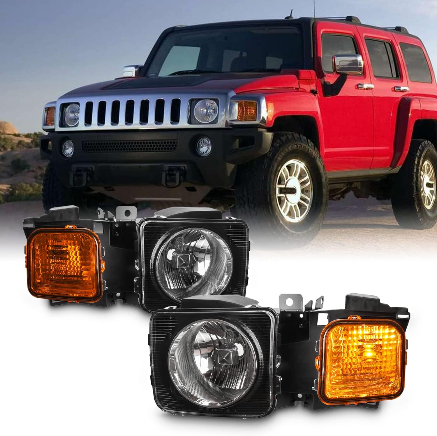 AKKON - Fits 2006-2010 Hummer H3 SUV 2009-2010 H3T Truck Black Headlights Pair Driver Left+Passenger Right Replacement
