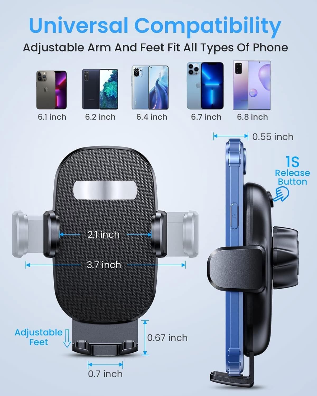 Diagram showing universal compatibility with various phone sizes and detailed dimensions of the mount's adjustable arms and feet.