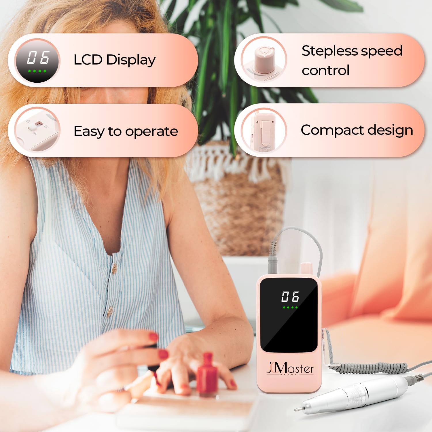 JCMaster Fresa de uñas para principiantes y profesionales para uñas de gel sin cables, juego de pedicura para el cuidado de los pies eléctrico, Rosa
