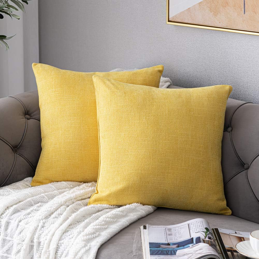 Anickal Large Mustard Yellow Pillow Covers 24x24 Inch Set of 2 Rustic Farmhouse Chenille Decorative Throw Pillow Covers Square Cushion Case for Home Sofa Couch Decoration
