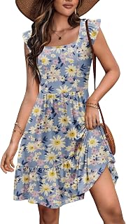 Womens Summer Dress Casual Ruffle Tiered Floral Square Neck Sundresses Beach Boho Mini A-line Dress 2025 with Pockets
