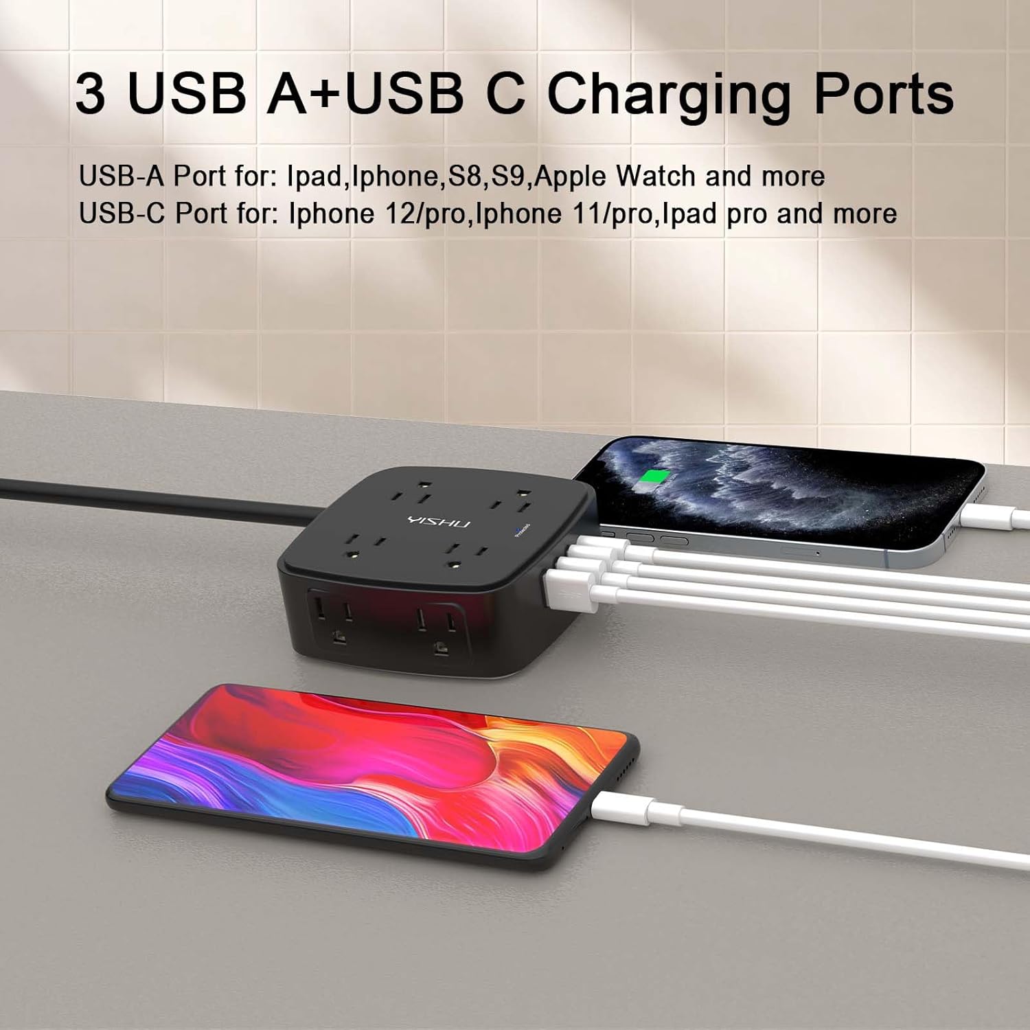 20 Ft Surge Protector Power Strip - 8 Widely Outlets with 4 USB Ports, 3 Side Outlet Extender with 20 Feet Extension Cord, Flat Plug, Wall Mount, Desk USB Charging Station, ETL, Black