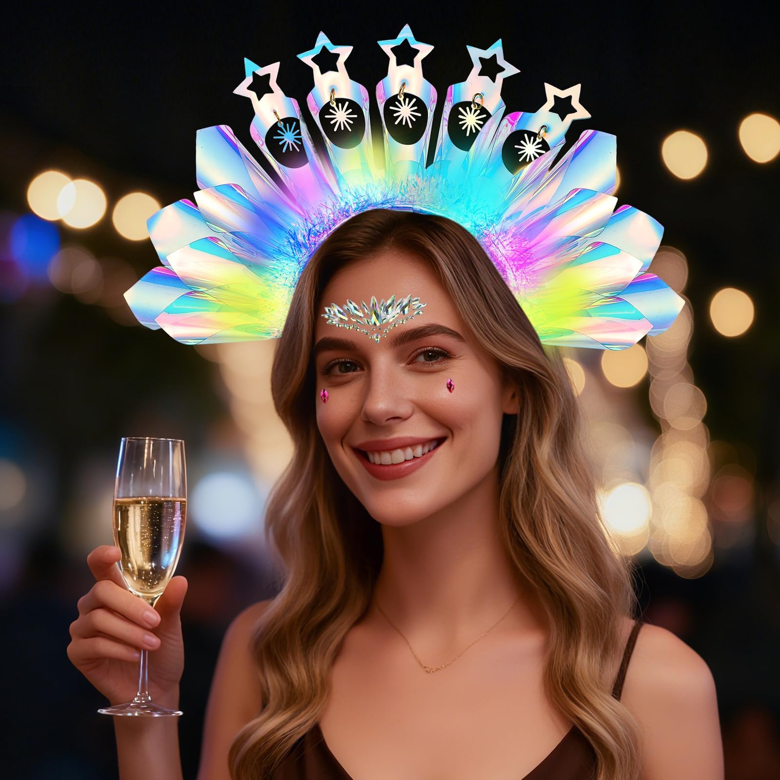 Light Up Headband with 1 Sets Face Gems, Fire Crown Hair Band LED Flame Headpiece Party Rave Hair Accessories for Women