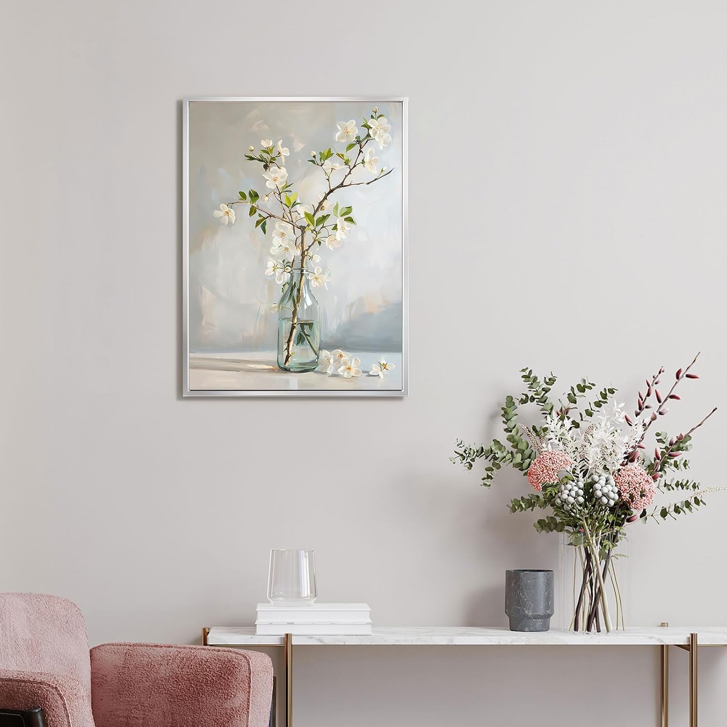 daktenn Floral Canvas Wall Art Bathroom Wall Art Pictures Wall Decor Home Decor Wall Decor for Bedroom Livingroom (Silver Framed, 18" x 24")