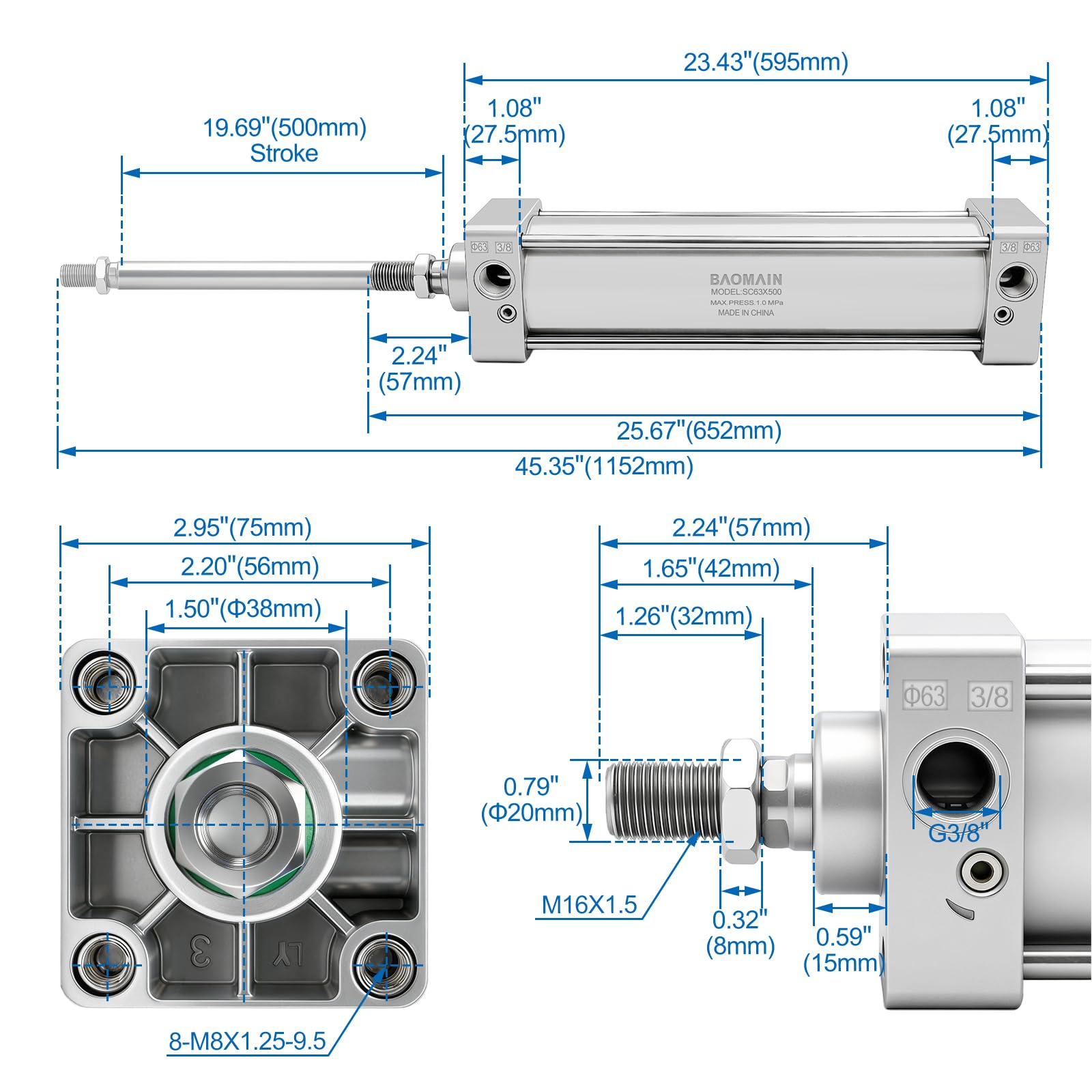 BAOMAIN Pneumatic Air Cylinder 2-1/2" Bore 19.69" Stroke SC63x500 — Amazon image 2