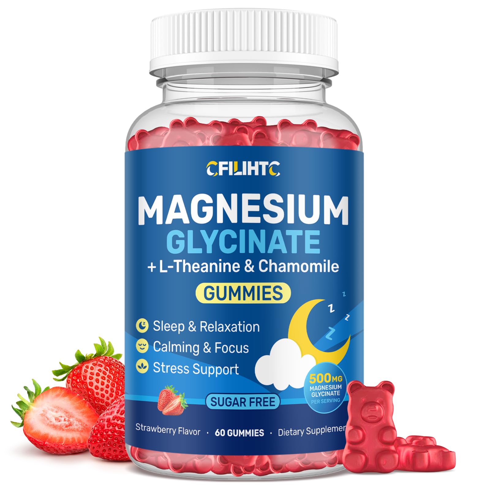 Magnesium Glycinate Gummies 500mg with L-Theanine & Chamomile for Calm, Sleep, Stress Relief, Sugar Free, Vegan, Non-GMO - Strawberry Flavor, 60 Count Strawberry 60 Count (Pack of 1)