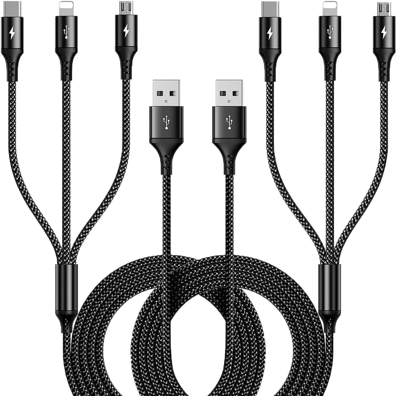 RULUS Multi Charging Cable [2Pack 6ft] 3 in 1 Multiple Fast Charger Cable Nylon Braided Charging Cord Adapter with IP/Type C/Micro USB Ports for Cell Phones
