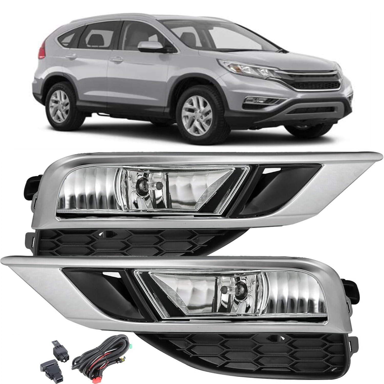 Fog Lights Assembly Replacement for 2015 2016 Honda CR-V CRV Clear Lens with Front Bumper Bezel Wires Switch Bulbs Kit Left+Right Side