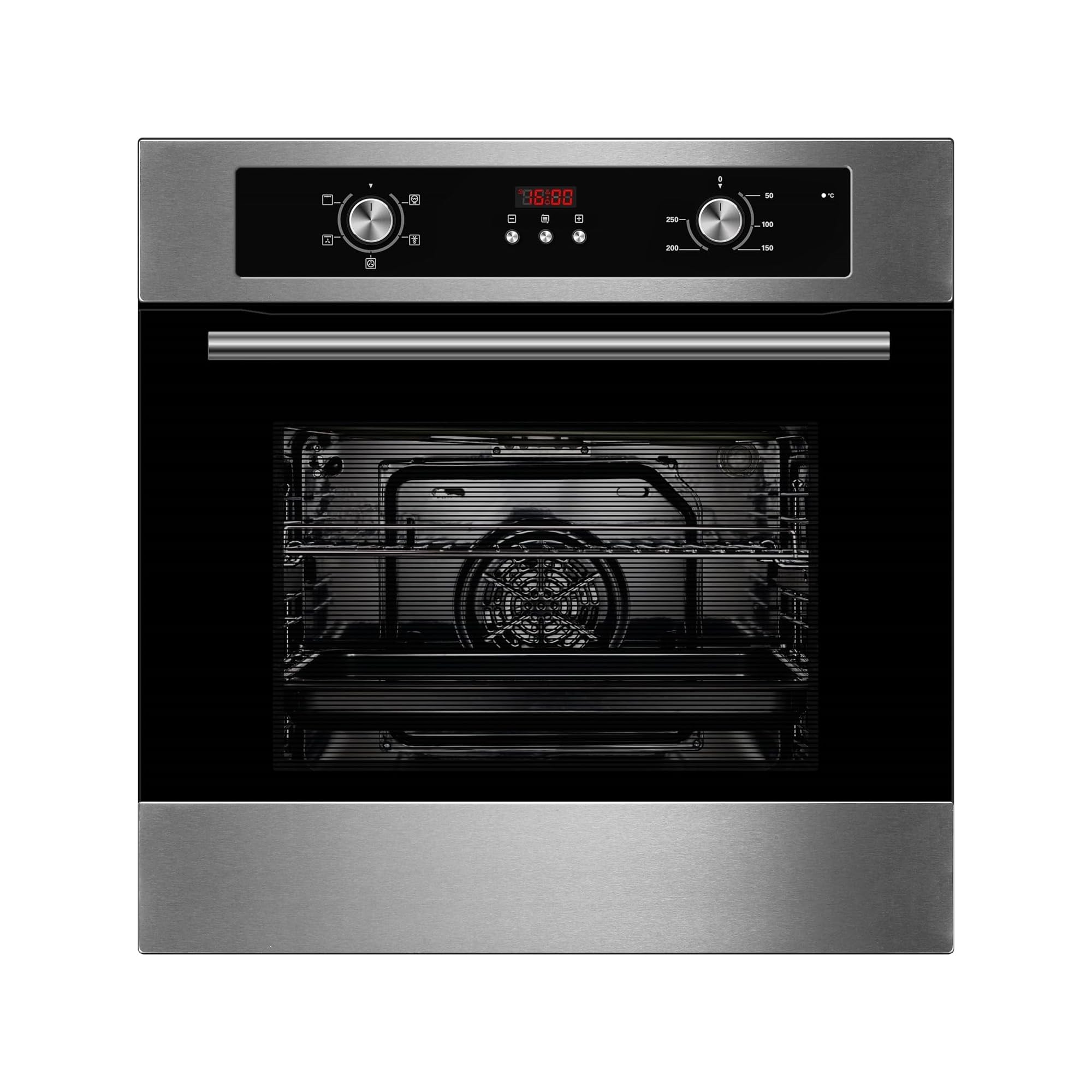 Cookology COF605S 60cm 65 Litre Capacity, Installed Built In Electric Fan Oven, Integrated Single Fan Oven with Mechanical Dial Timer and Grill - in Stainless Steel