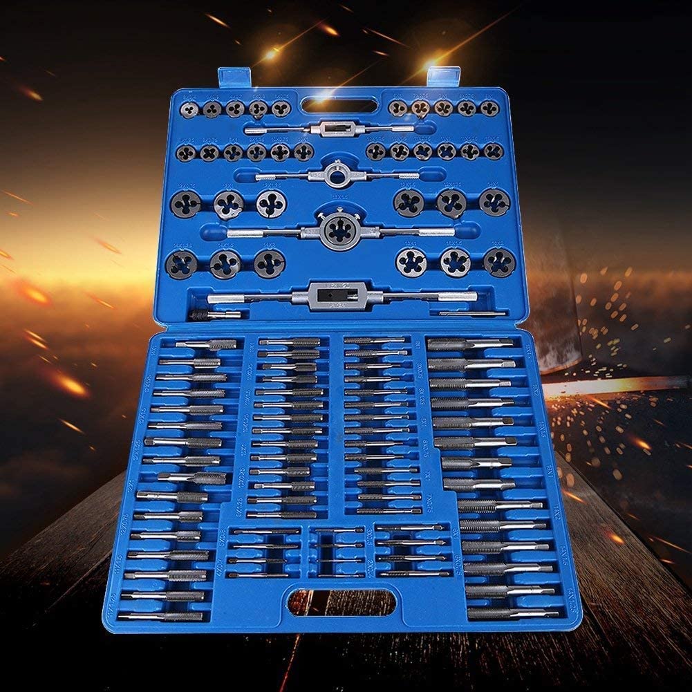Set Filiera 110 Pezzi Set Maschi e Filiere 110 Pz in Acciaio al Tungsteno M2-M18 Maschi e Filiere M2-M18 Professionali con Custodia Portatile Ingegneria con Accessori Completi e Valigetta in Plastica