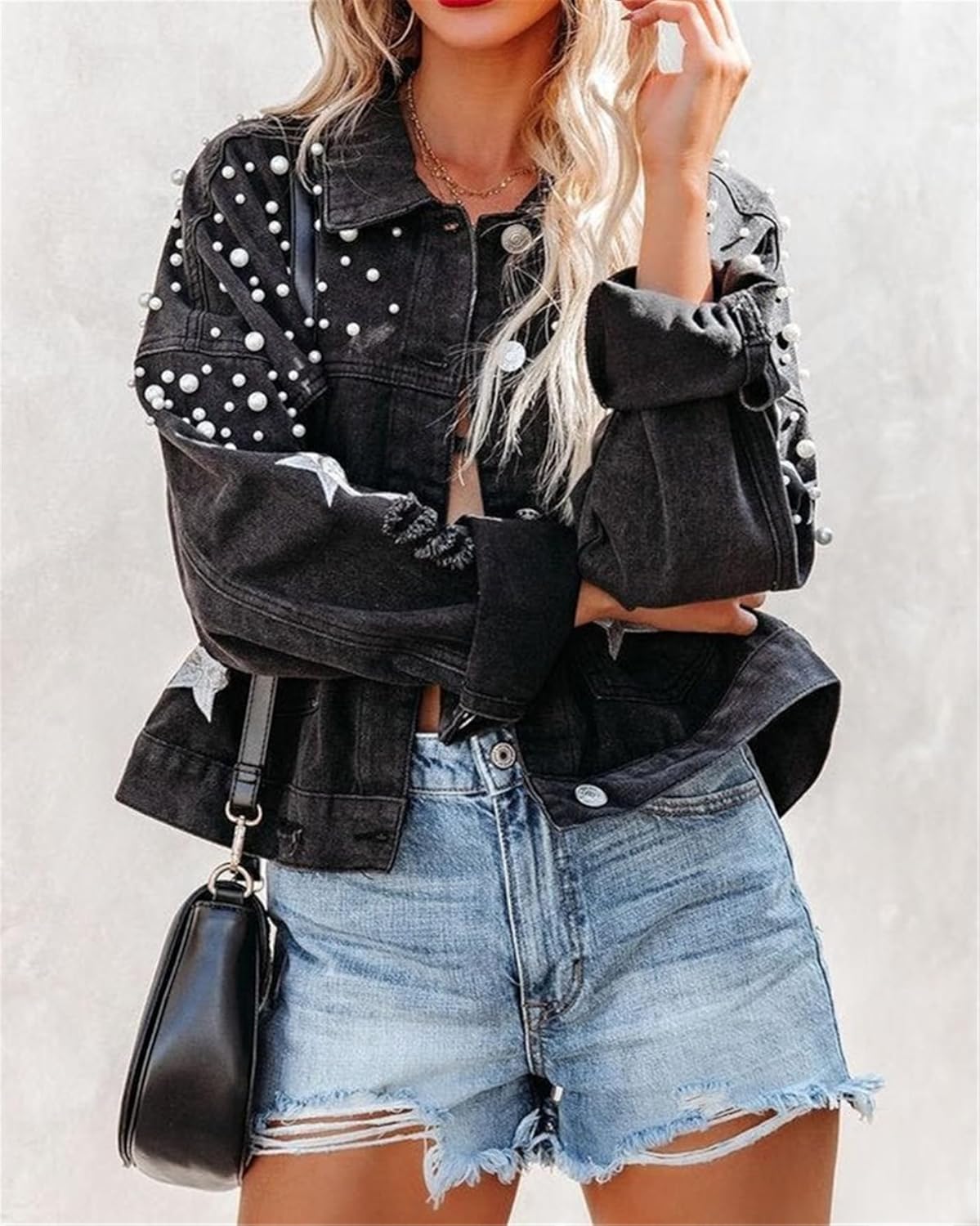Women's Pearl and Star Denim Jacket Oversized Ripped Distressed Denim Jean Jacket Coat - Image 5