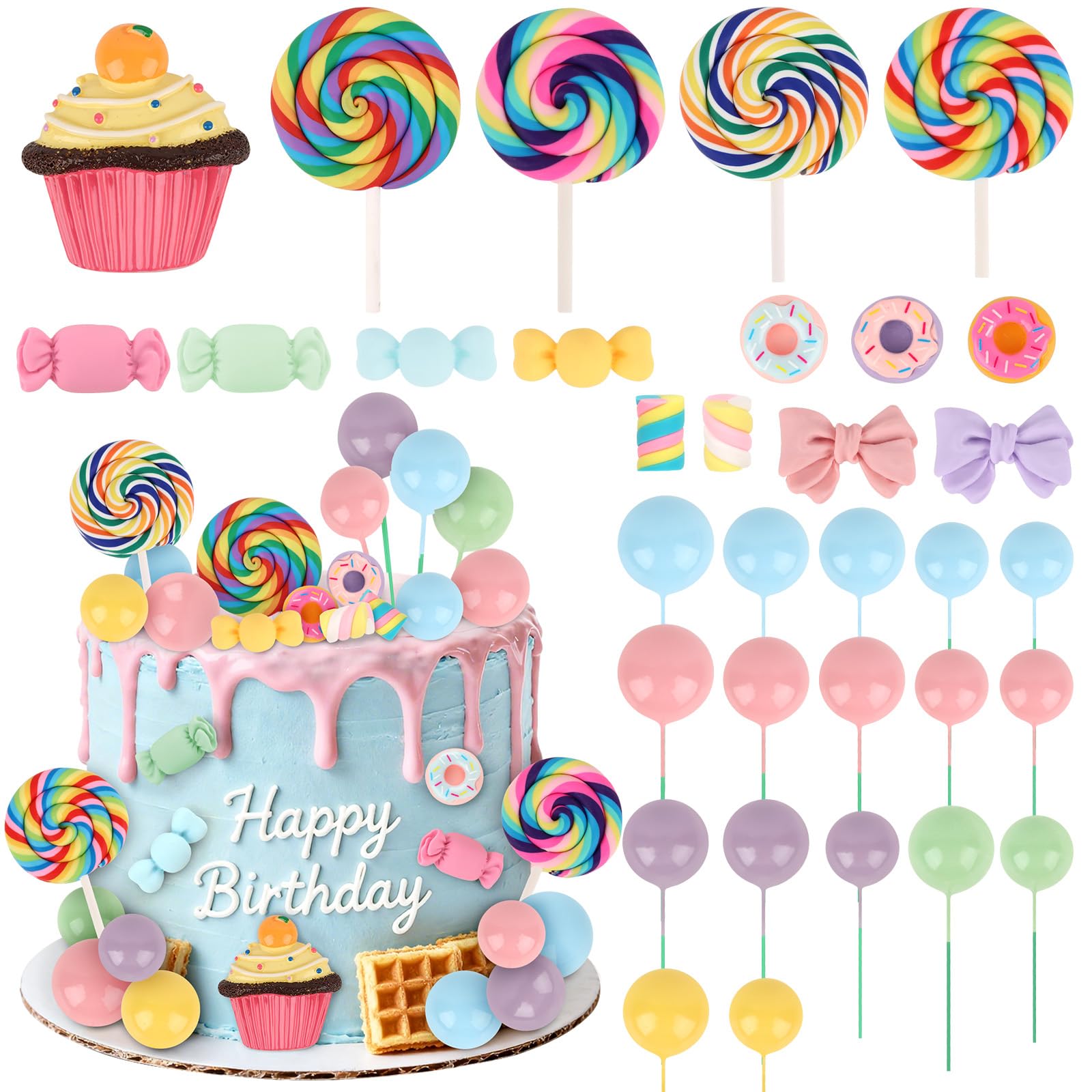 Hooqict 33Pcs Candy Cake Decorations with Lollipop Cupcake Donut Candy Cake Topper for Kids Girls Candyland Christmas Party Decorations Colorful Sweet Birthday Party Supplies