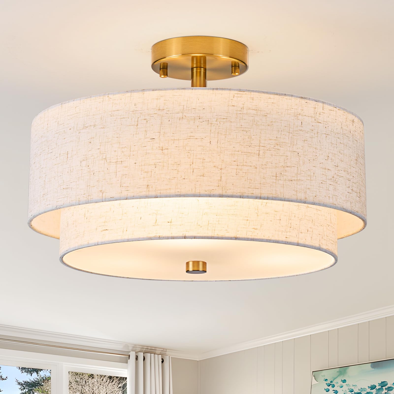 3-Light Semi Flush Mount Ceiling Light,16" Close to Ceiling Light Fixtures with Farmhouse Fabric Linen Shade, Double Drum Gold Flush Mount Ceiling