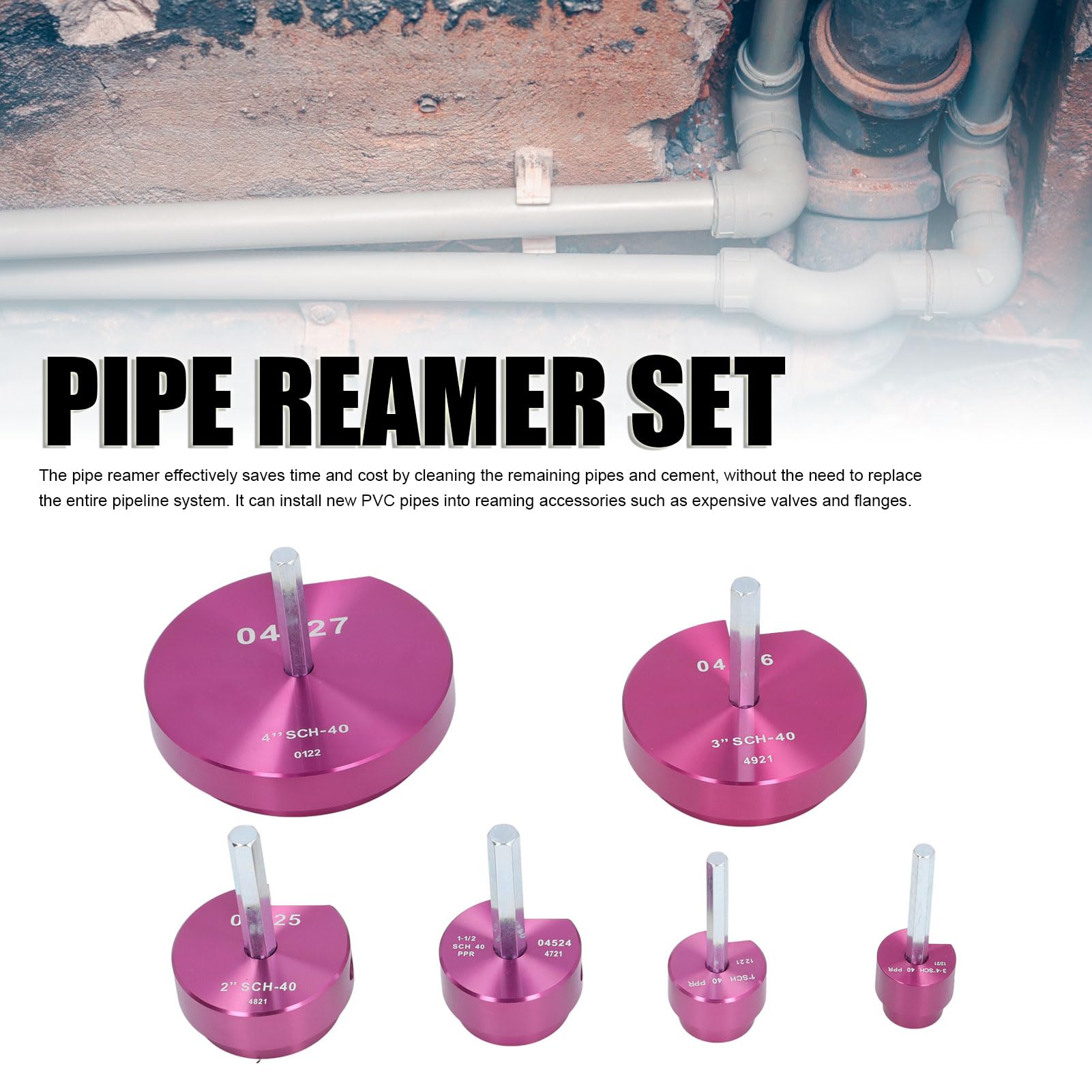 Kit di 6 alesatori per tubi, in plastica, per tubi in PVC, con albero esagonale da 3/8", adatto per trapano standard da 1/2"
