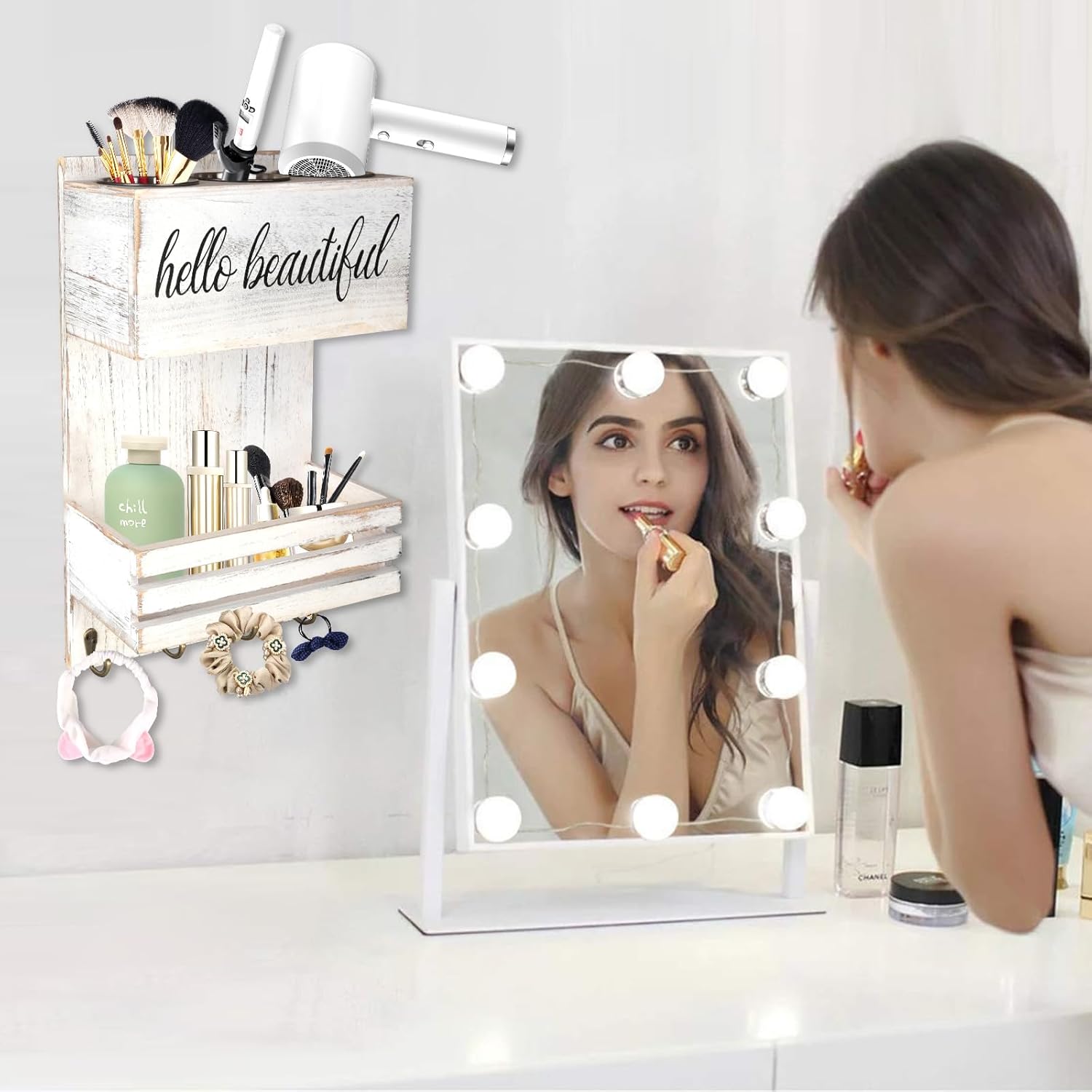 Wooden Hair Dryer Holder Wall-Mounted - 2 Tier Bathroom Storage Shelf Cosmetic & Hairdressing Tools Organizer for Bathroom Countertop/Vanity (White)