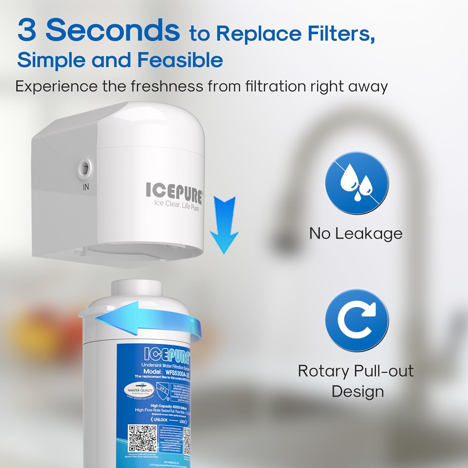 ICEPURE WFS5300A-20 5 Years or 40K Gallons Under Sink Water Filtration System, Ultra High Capacity NSF/ANSI CAN372 & 42 Certified, Direct Connect Drinking Faucet, Removes Chlorine, Odor, Heavy Metals