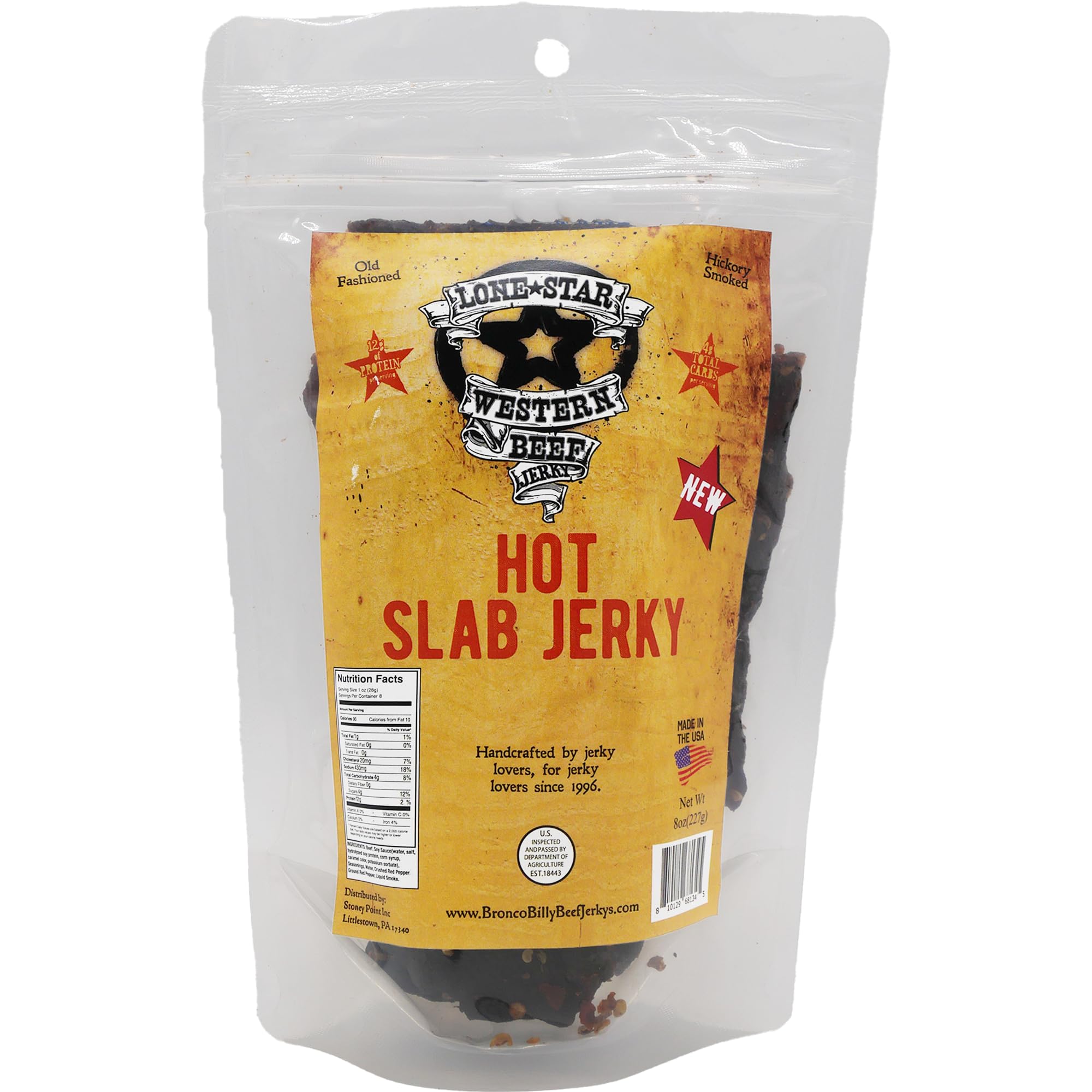 Lone Star Hot Flavored Beef Slab Jerky - 8 oz Resealable Bag - Classic Handcrafted Flavor - Made in the USA