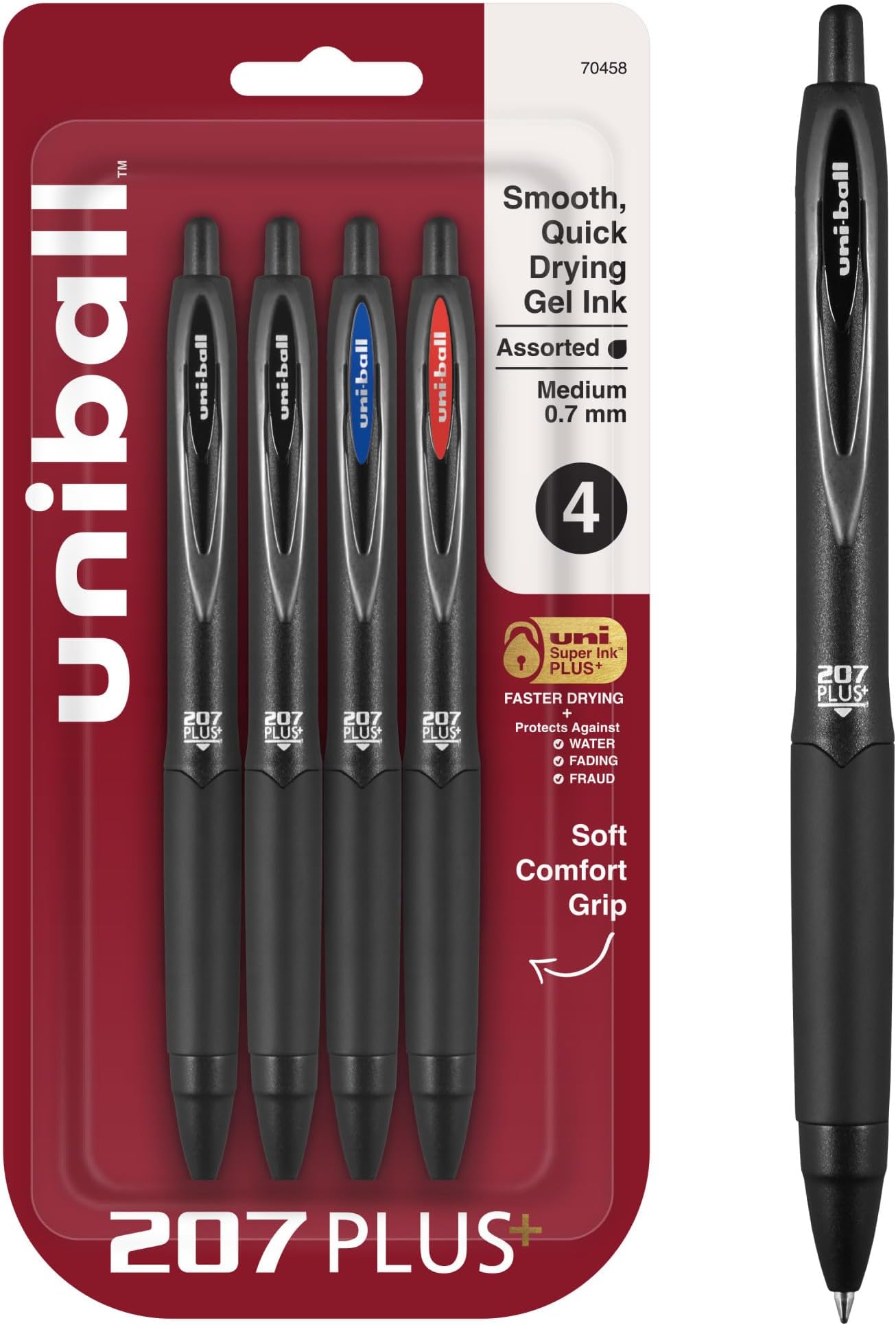 Uni-Ball 207 Plus+ Retractable Gel Pens, Medium Point, 0.7 mm, Black Barrel, Black/Blue/Red Ink, Pack Of 4 Pens