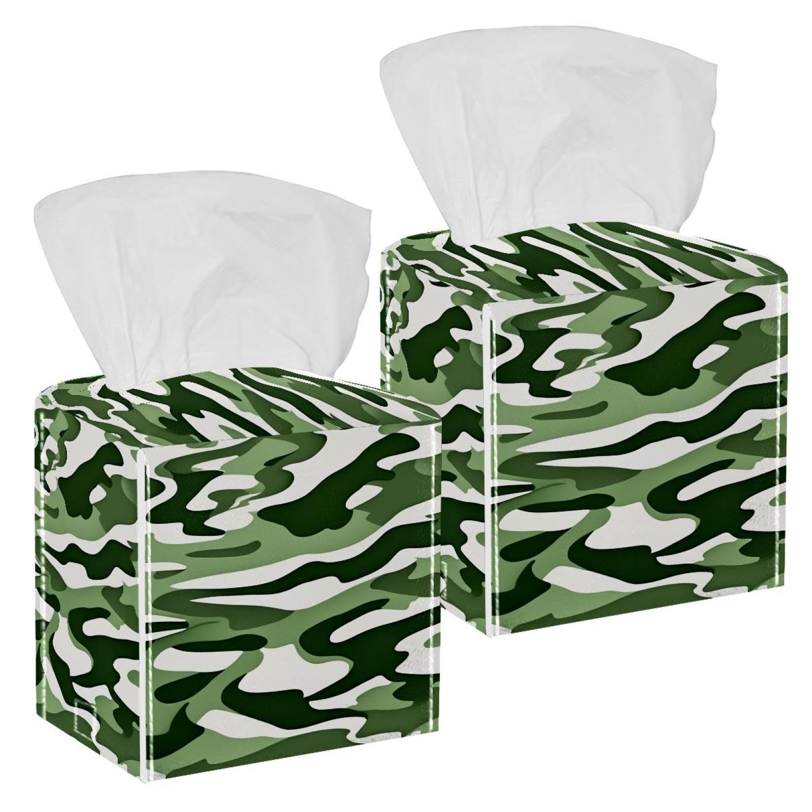 Green Camouflage Tissue Box Cover, 2 Pack PU Leather Square Facial Tissue Dispenser Box holder for Home Office Car