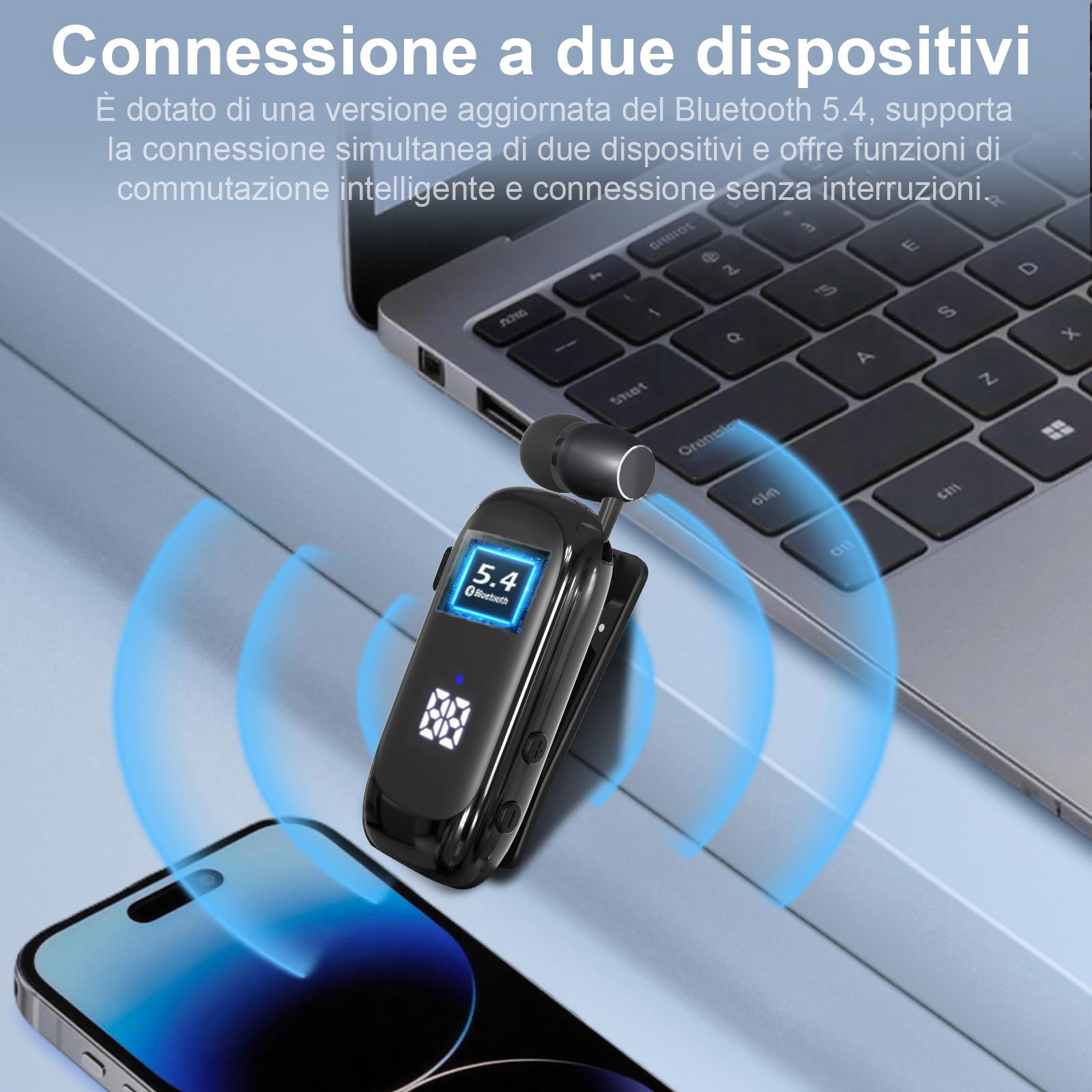 esonstyle Auricolare Bluetooth Mono In-Ear con Clip e Filo Retrattile | Batteria da 20 Ore e Microfono con Cancellazione del Rumore per Chiamate Nitide. Perfetto per Sport, Ufficio e Guida