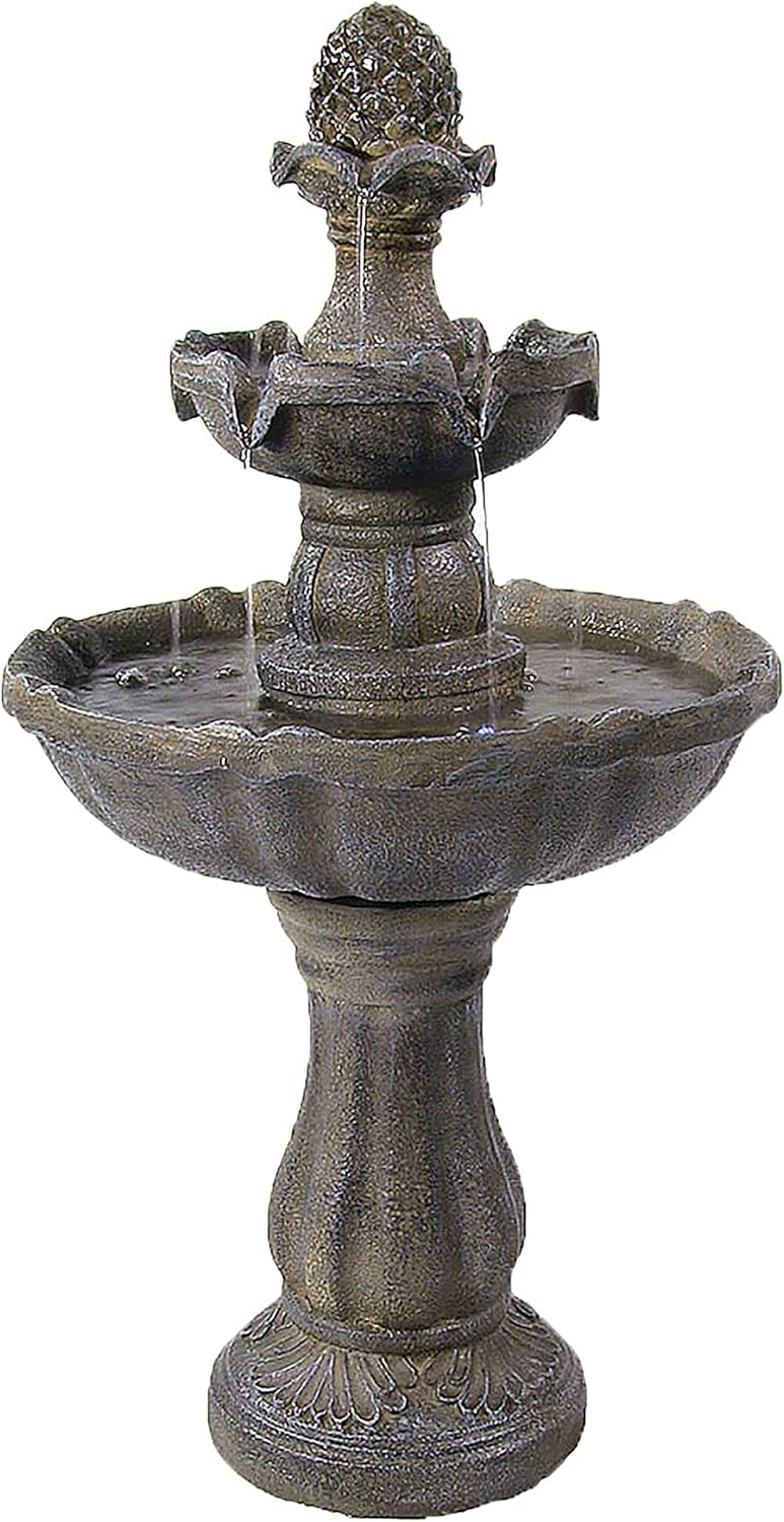 Sunnydaze 33" Pineapple 2-Tier Solar Powered Fountain with Rechargeable Solar Battery Backup for Garden, Patio, Yard or Balcony