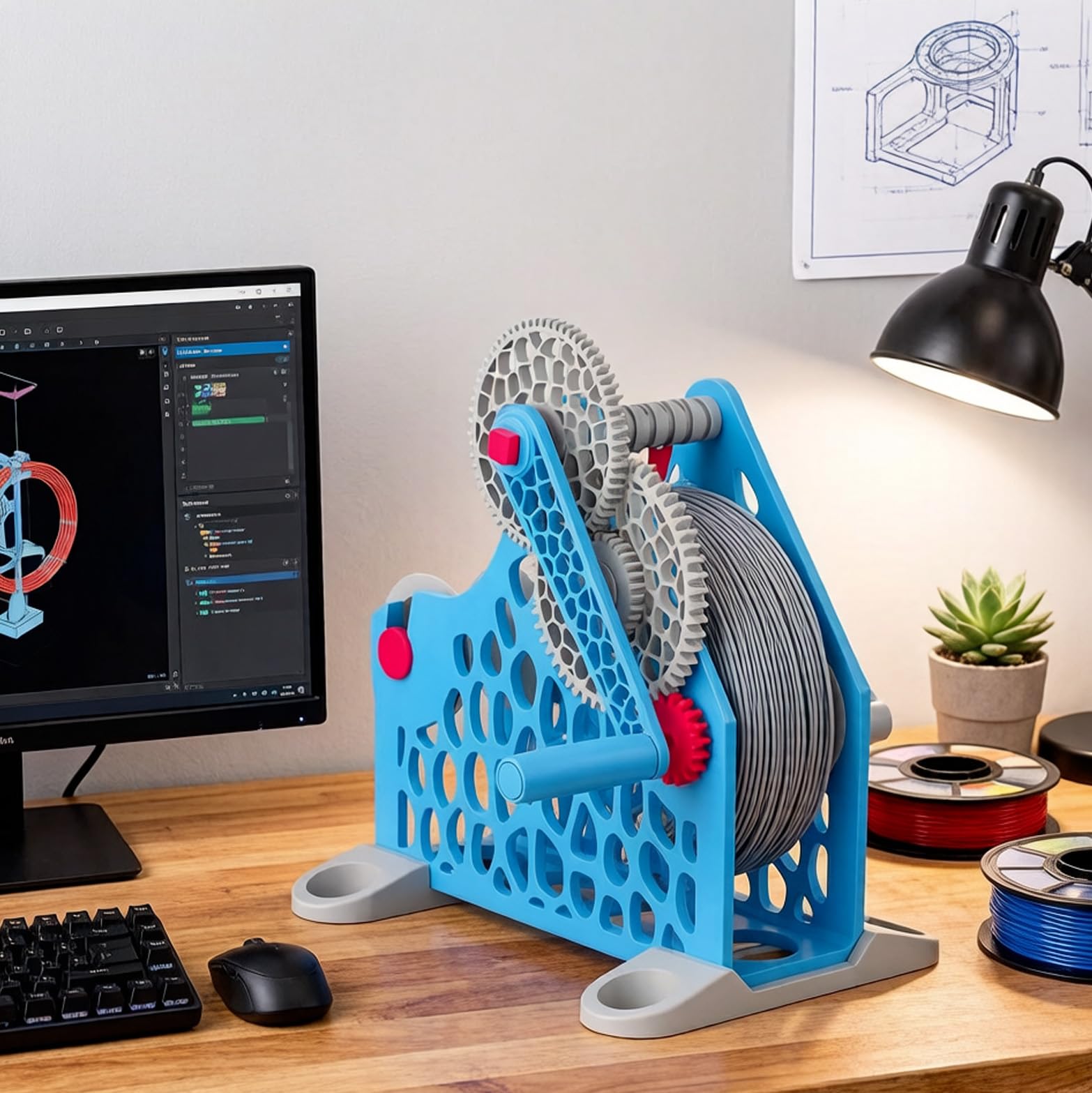 KUNYOS 3D Printer Filament Respooler, Hand Cranked 1kg Rewinder, Spool Welding Thread Winder, Uniform Wire Routing, Without Tangling, Removable Modular Design (Blue)