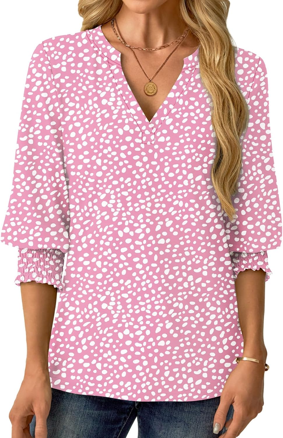 Womens 3/4 Sleeve Shirts V Neck Dressy Casual Spring Summer Blouses with Smocked Cuffs - Image 4