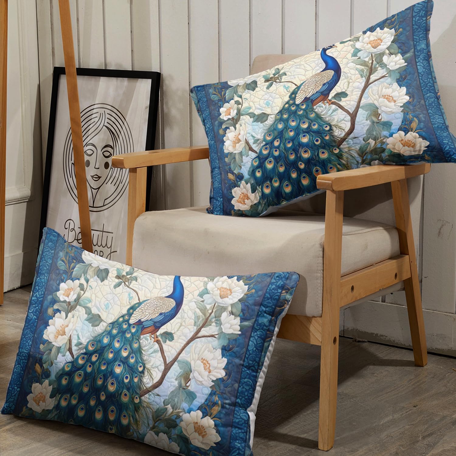 AILONEN Blue Peacock Fitted Sheet Set,Floral Bedding Set Animal Feather for Girls,Women Queen Size,Victorian Style Flower Birds Bedsheets Set,3-Piece, 1 Sheet Set and 2 Pillowcases
