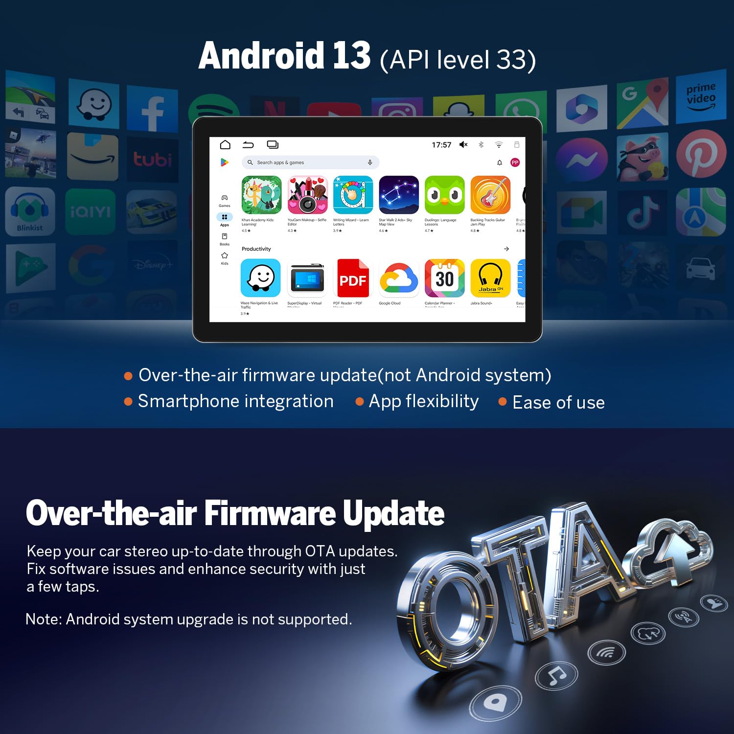 Eonon 10.95 Pulgadas, 8 núcleos, Android 13, 6+64 GB, 4G, GPS, 1 DIN, autorradio con CarPlay, Android Auto, DSP, Bluetooth, Pantalla Dividida, cámara de visión Trasera SD1X6S2