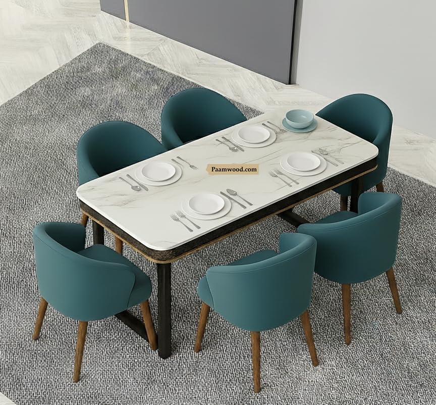 Image of 6-Seater Modern Nano Composite Marble Top Dining Table Set | MS Foldable Base, Sheesham Wood Legs | Suede Upholstered Chairs | Luxury Dining Furniture for Home (Blue) - 36 inchX72 inchX30 inch in