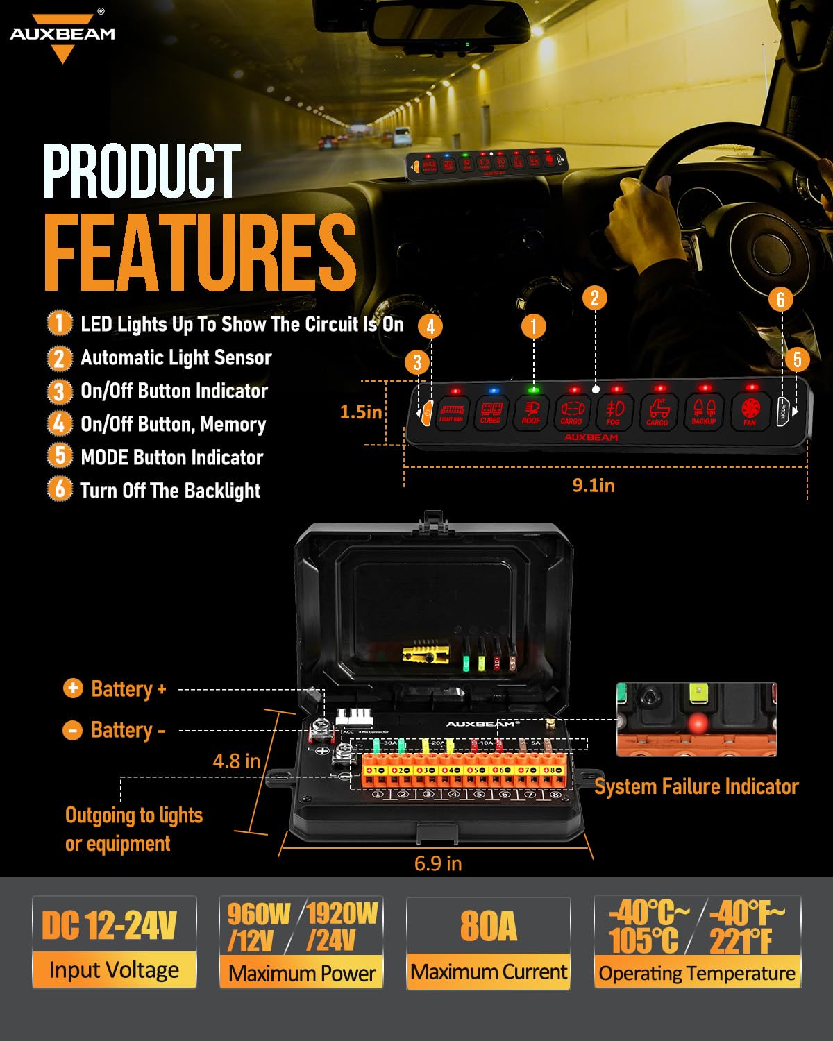 Auxbeam Pannello di commutazione sottile a 8 bande Bluetooth RGB AS-800 con APP e telecomando Toggle Interruttore pulsato momentaneo Pod Off Retroilluminazione per camion fuoristrada UTV ATV Auto
