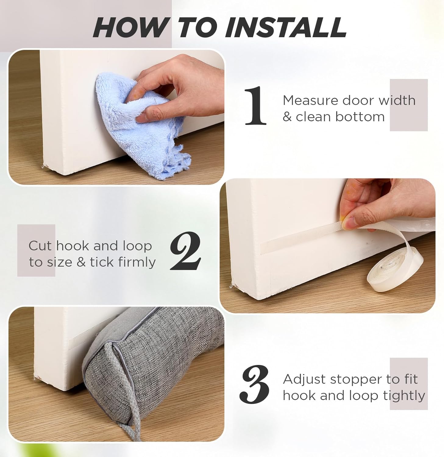 2 Pcs Door Draft Stopper for Bottom of Doors Heavy Duty Noise Cold Air Blocker with Hook Loops Sound Proof Gap Filler Bottom for Indoor Windows (Light Gray)