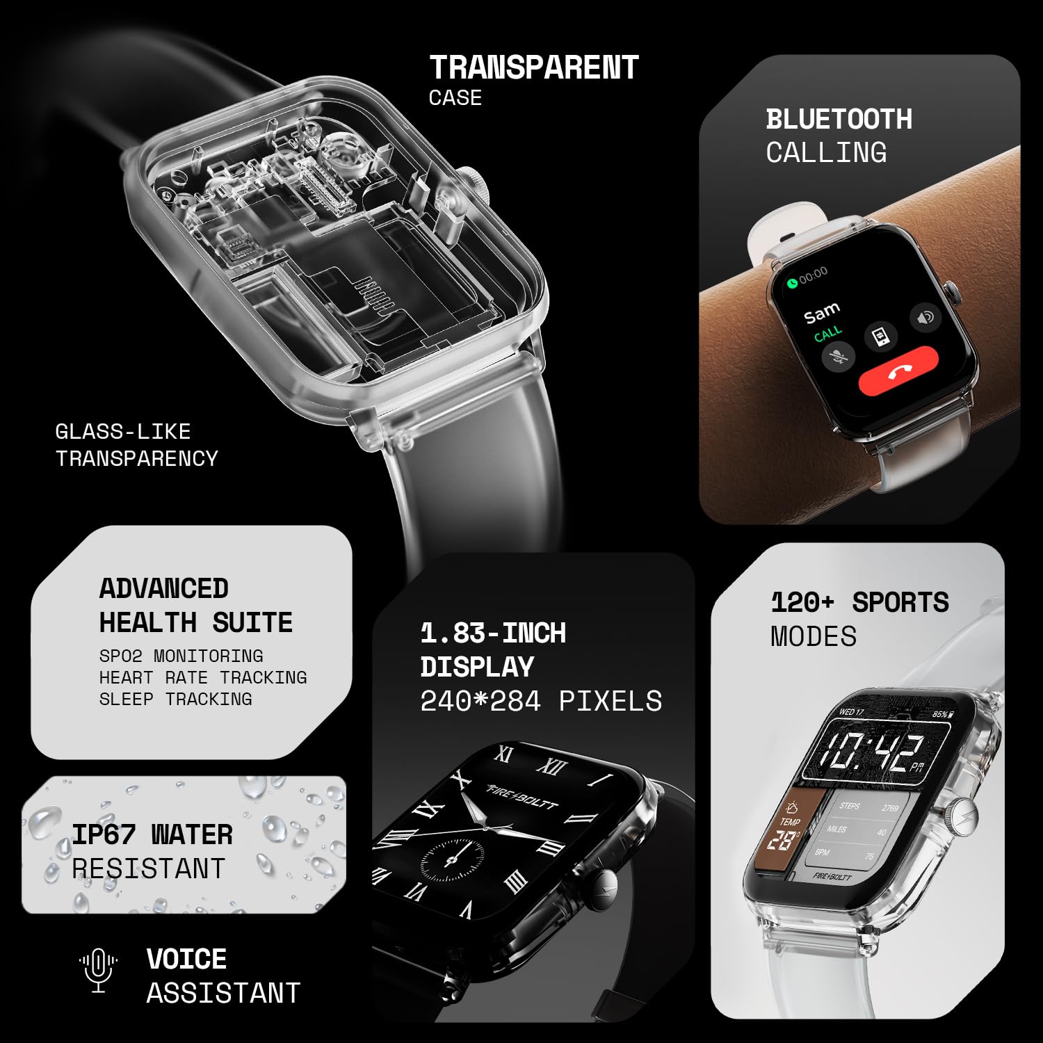 Fire-Boltt Ninja Phantom Smart Watch 1.83” Display, Transparent Clear Body Design, Bluetooth Calling, 120+ Sports Modes, Voice Assistant, AI Outfit Watch Face Smartwatch for Men & Women Stealth White — Amazon image 3