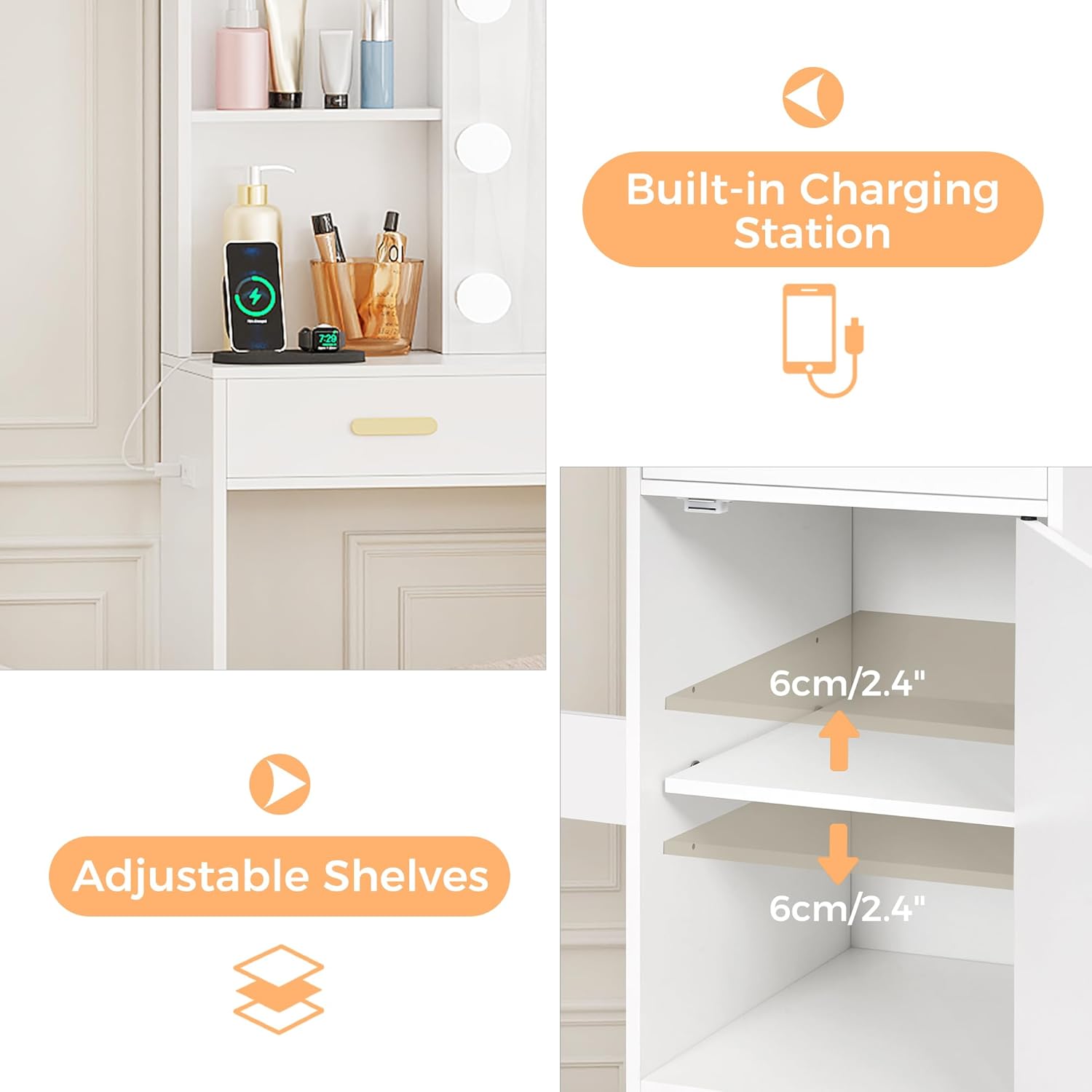 Close-up of the built-in charging station with power outlets and USB ports