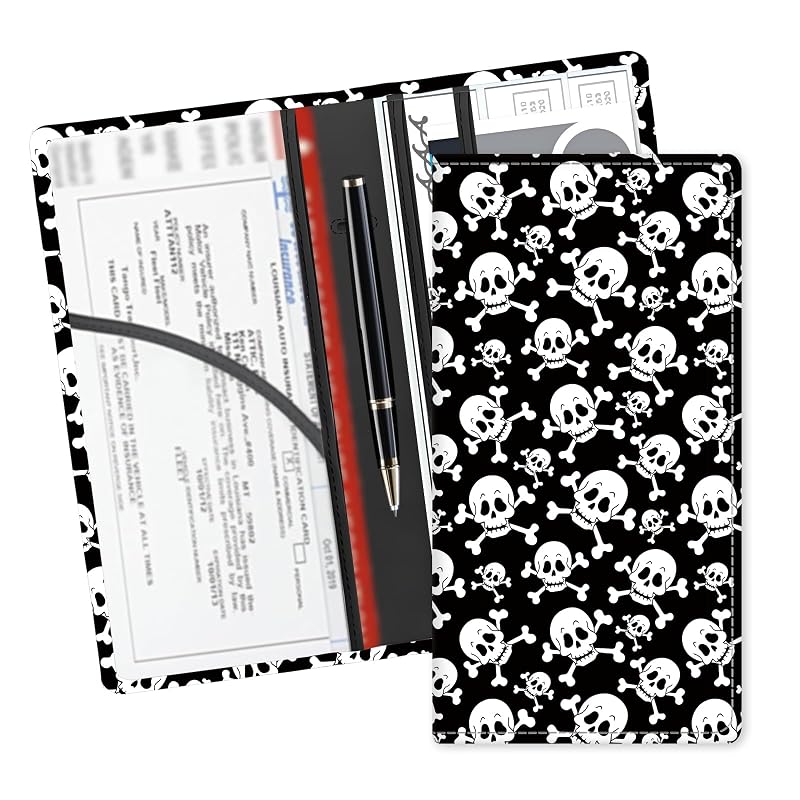 Porta-documentos automotivo em couro sintético para documentos, cartões e porta-luvas ADUQLZUX com estampa de caveiras em preto e branco