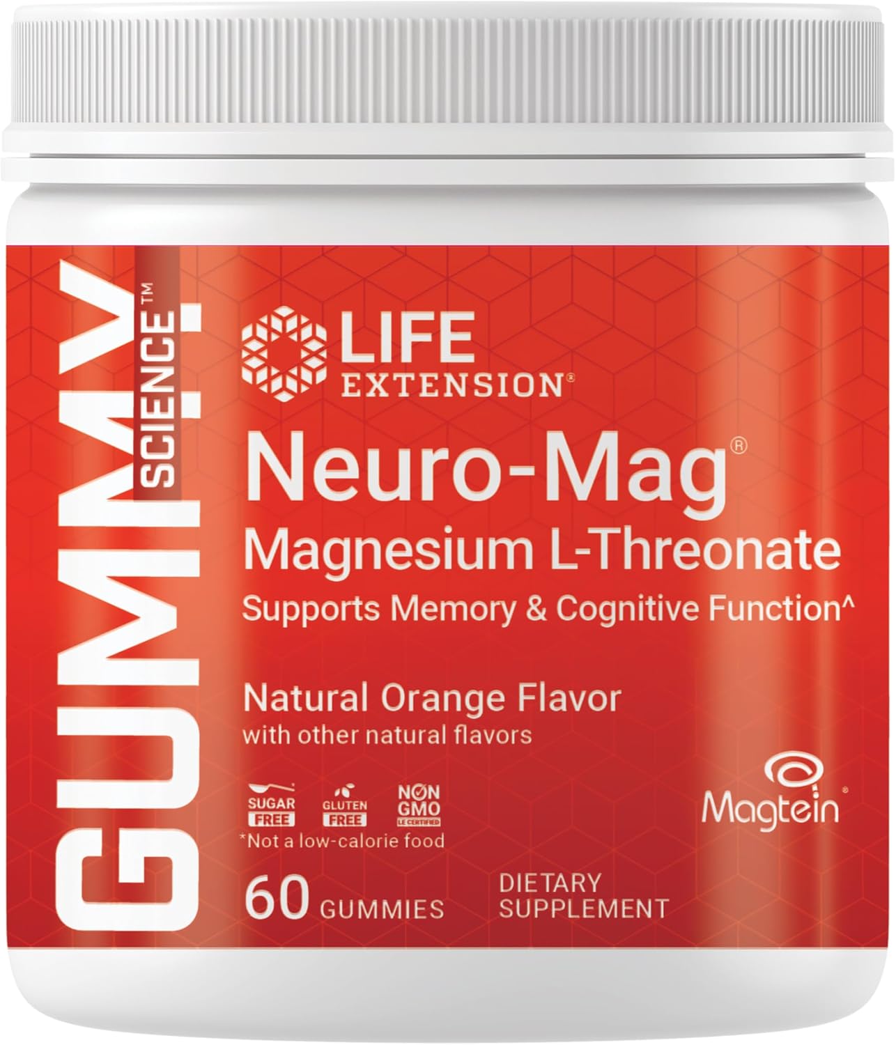 Life Extension Gummy Science™ Neuro-Mag® Magnesium L-Threonate, Memory Support, Quick Thinking, cognition, Magnesium Supplement, Gluten-Free, Non-GMO, Orange Flavor, 60 Gummies