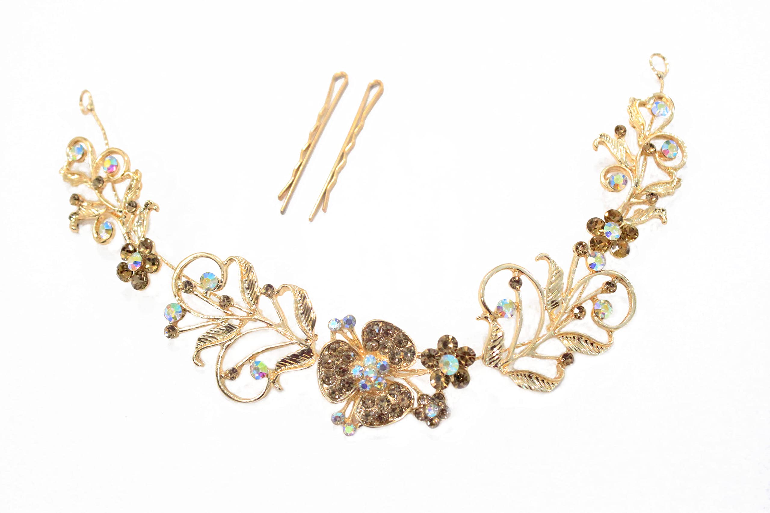 La Belleza Golden Floral Headband Tiara with pins in Rhinestones | Wedding party | Bridal Fancy HairClip | Hair Accessories (B0B8ZKS1Q8) Amazon Price History, Amazon Price Tracker
