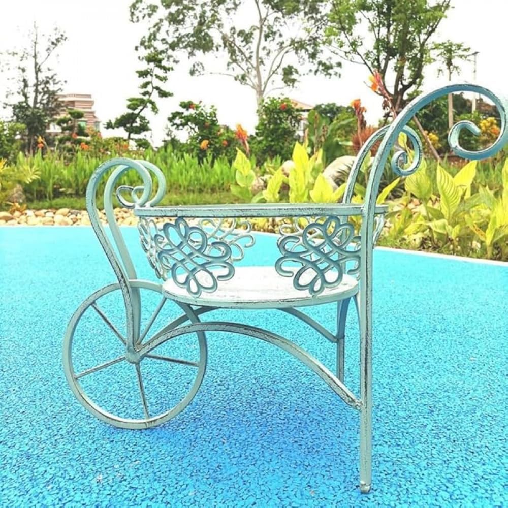 錬鉄製のカートフラワースタンド、中庭のバルコニーの装飾盆栽、シングルホイールガーデンカートプラントコンテナ、屋内と屋外の家族の庭の装