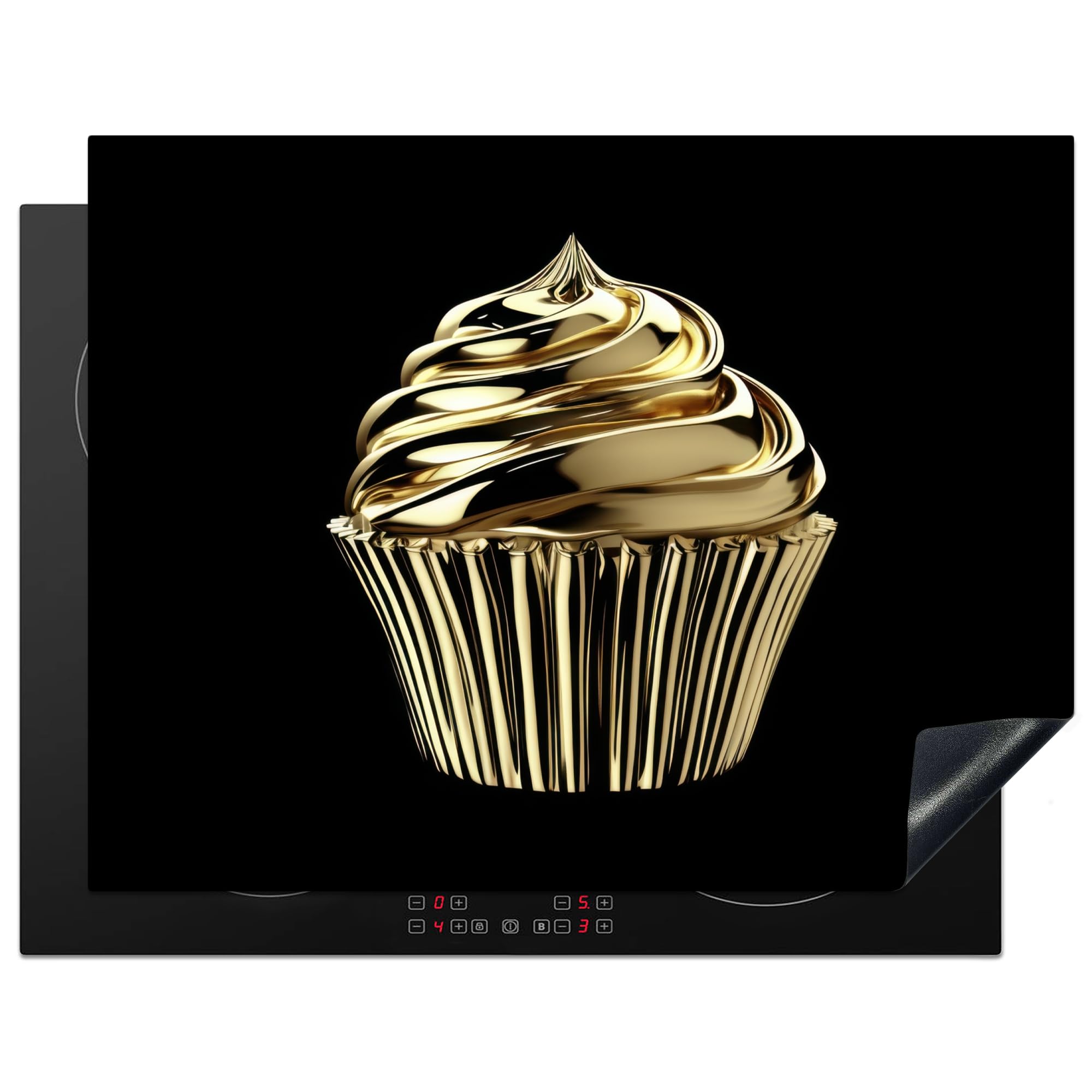 KitchenYeah© Induction Hob Protector Mat 23.2"x30.3" / 77x59 cm Cooker Top Protectors Cover Ceramic Covers Electric Hobs Vinyl Cupcake - Food - Gold - Black — image 1