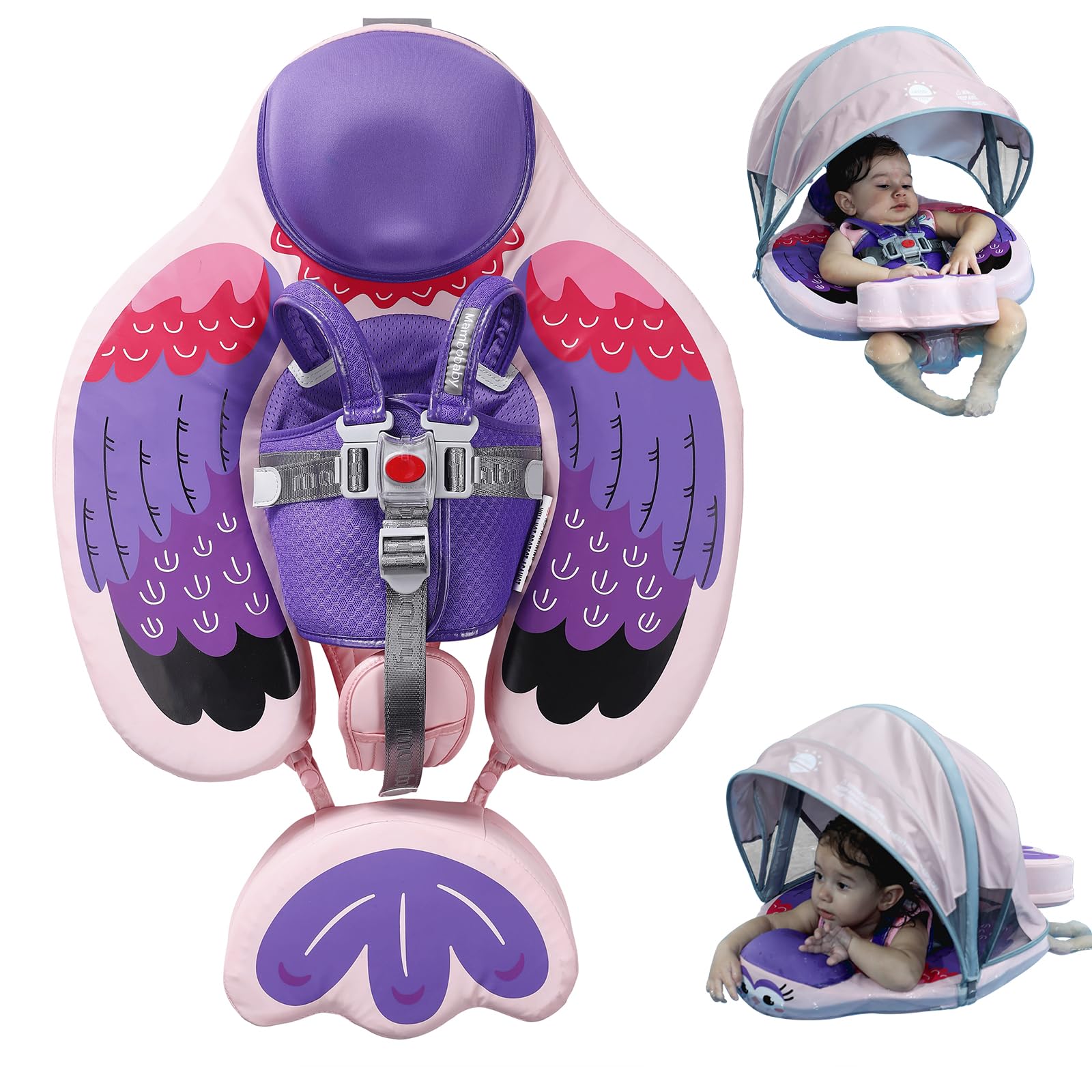Baby Pool Float with UPF50+ 3D Adjustable Canopy, Add Tail Mambobaby Float Non Inflatable Infant Floats for Pool, Cartoon Narwhal Baby Floats (Bird Purple-48CMLUROHML01)