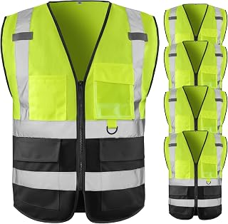 High Visibility Safety Vest for Men ,Class 2 Hi Vis Vest with Pockets, Reflective Vest for Construction Work, Volunteer, Cycling, Yellow Black S 5 Pack
