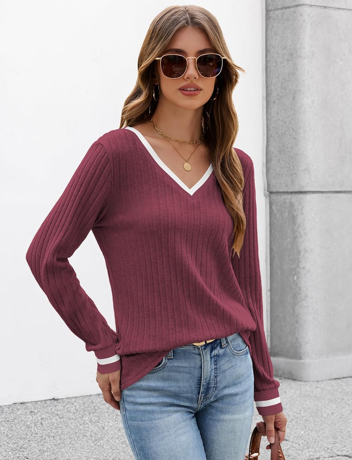 V Neck Long Sleeve Shirts for Women Fall 2025 Casual Business Ribbed Knit Sweater Cute Work Outfits - Image 2