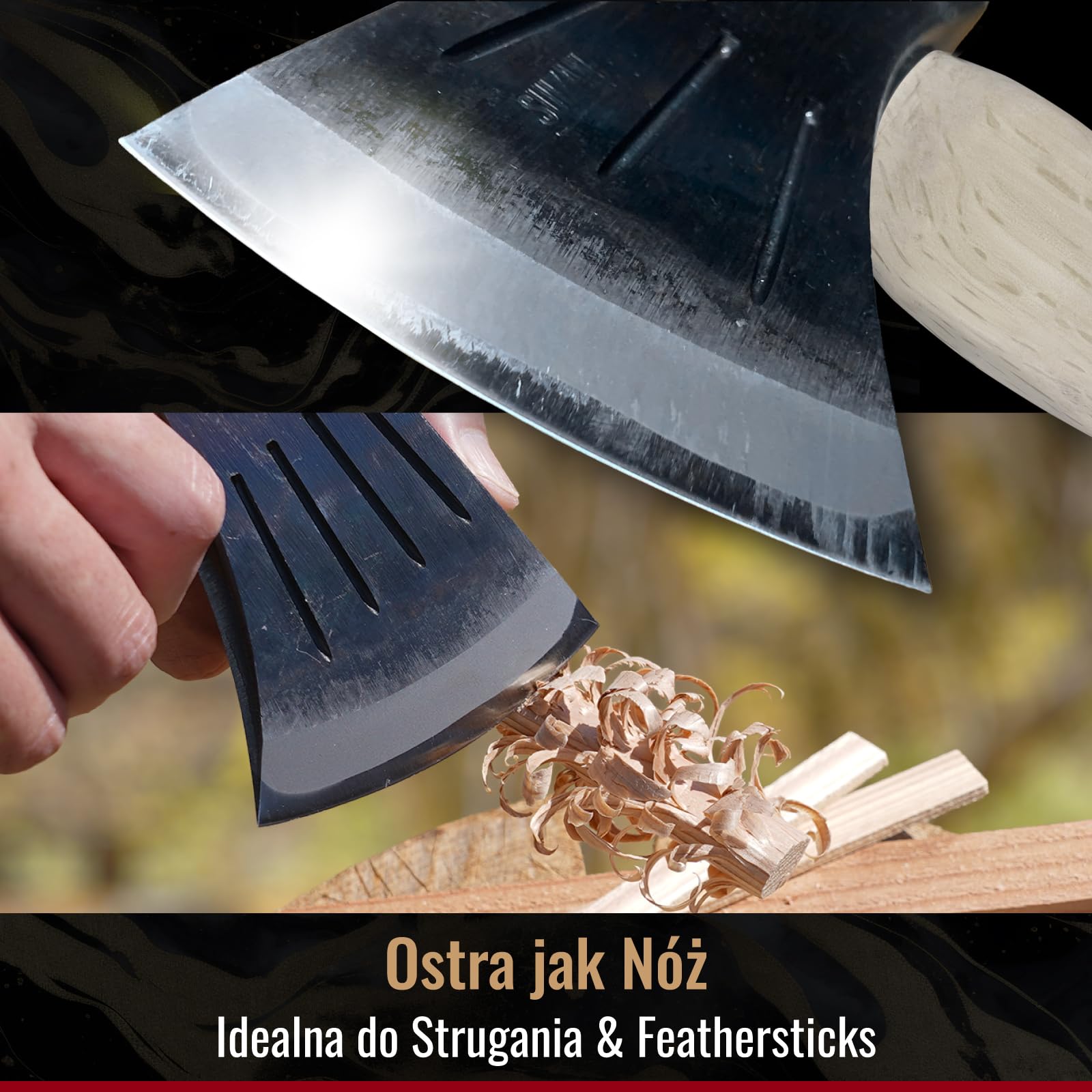 SUIZAN Japoński Toporek 360mm - Mała Siekiera Kuta do Campingu, Bushcraftu, Stolarstwa i Rzeźbienia - Ze Skórzaną Pochwą i Sznurkiem Sanada-himo