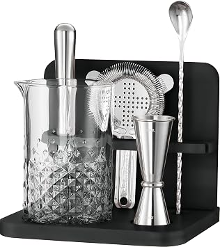 Crystal Cocktail Mixing Glass Set with Bamboo Stand - 22 Oz 650ml - Thick and Sturdy Bottom, Durable and Seamless Design with Bar Accessories