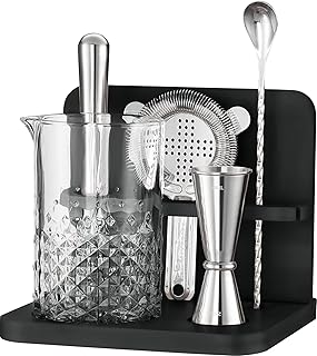 Crystal Cocktail Mixing Glass Set with Bamboo Stand - 22 Oz 650ml - Thic...