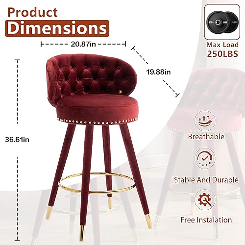 Miniatura 3 de QQU Juego de 2 taburetes de bar, modernas sillas de bar ajustables de terciopelo con respaldo, patas de madera maciza, taburetes de bar tapizados y