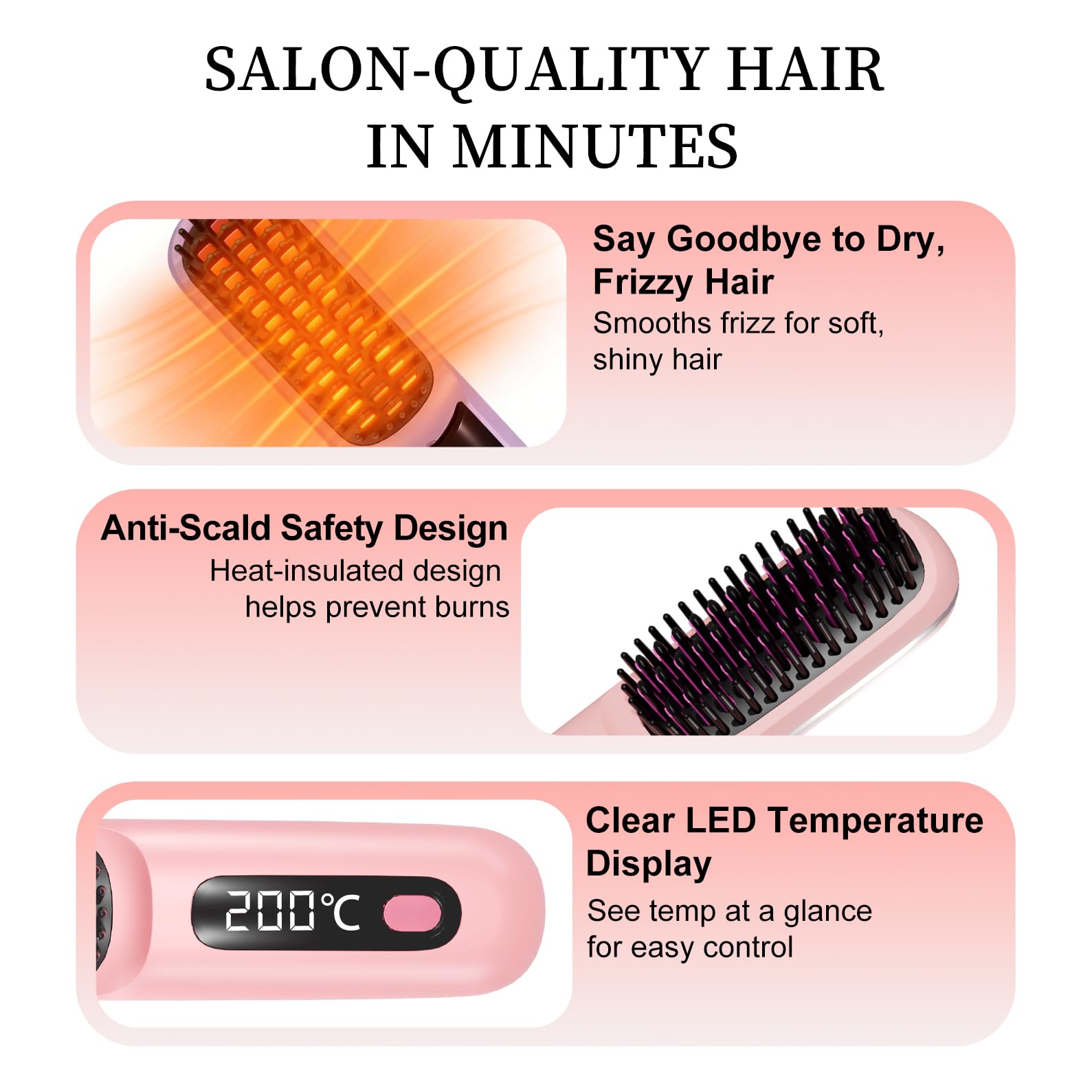 Go Brush Pro 2026, Portable Straightener Brushs for Travel, with LCD Temperature Display, Fast Heating Cordless Mini Hair Brushs (Pink) - 5