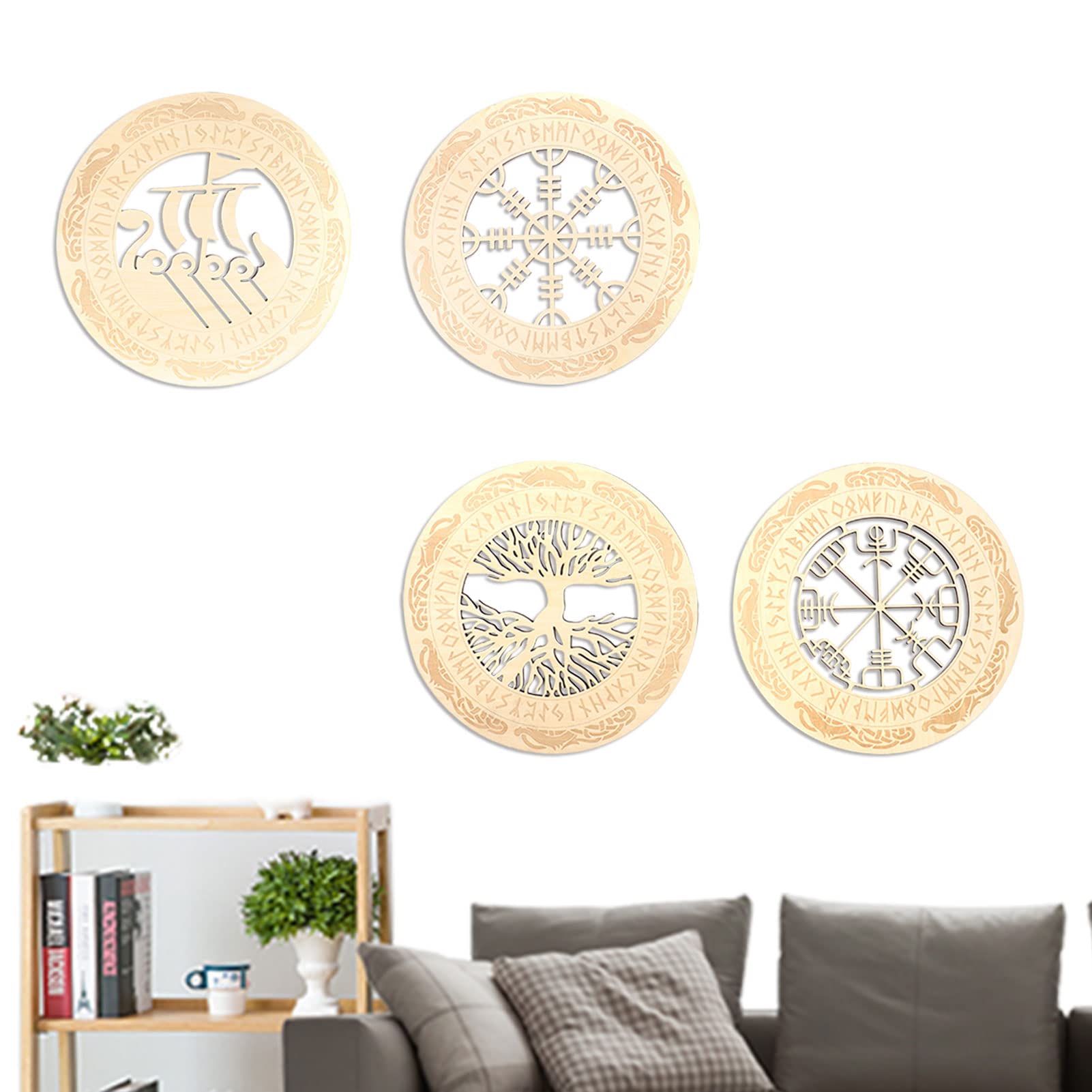 Lot De 4 Décorations Murales Viking En Bois Arbre De Vie - Décoration Murale Nordique Avec Runes