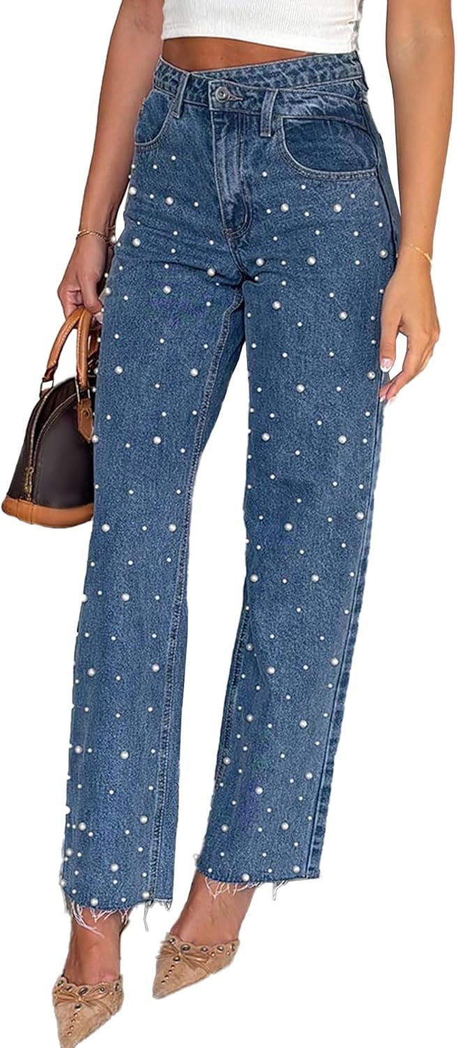 Sexyshine Women's High Waisted Pearl Jeans Beaded Baggy Straight Wide Leg Raw Edge Stretchy Denim Pants